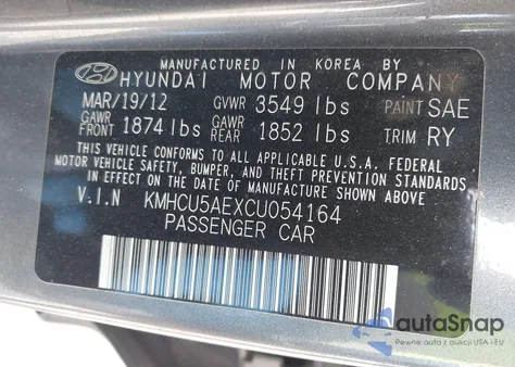 2012 Hyundai Accent Se z USA, uszkodzony, nr VIN KMHCU5AEXCU054164
